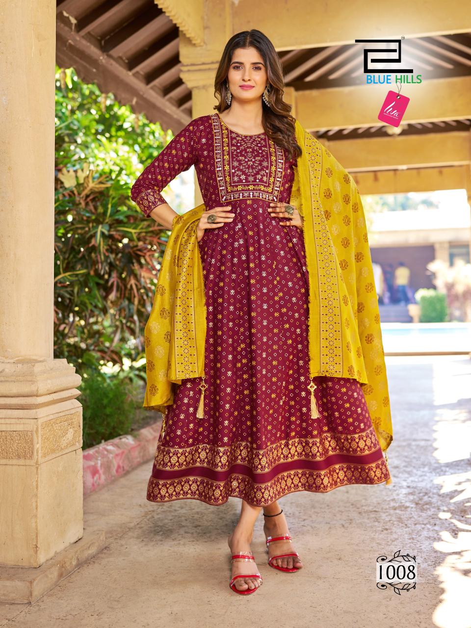 Vasuki By Blue Hills Rayon Foil Print Anarkali Kurti With Dupatta Wholesale Suppliers In Mumbai